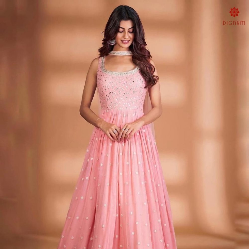 Carnation Pink Designer Partywear Heavy Embroidery Work Gown - Picture 1 of 5